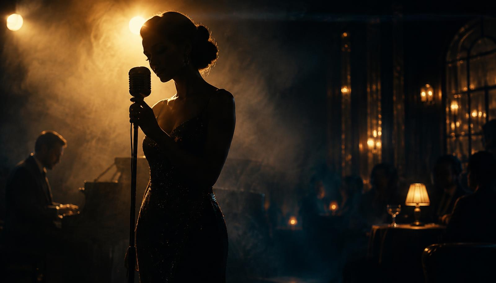 Singer silhouetted on a hazy stage under warm golden light